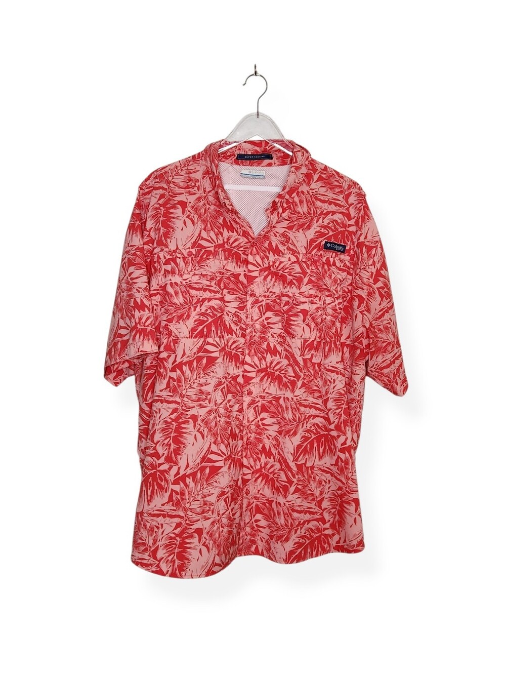 Columbia Super Tamiami Pink Red Tropical Print Men's Short Sleeve Shirt Size XL